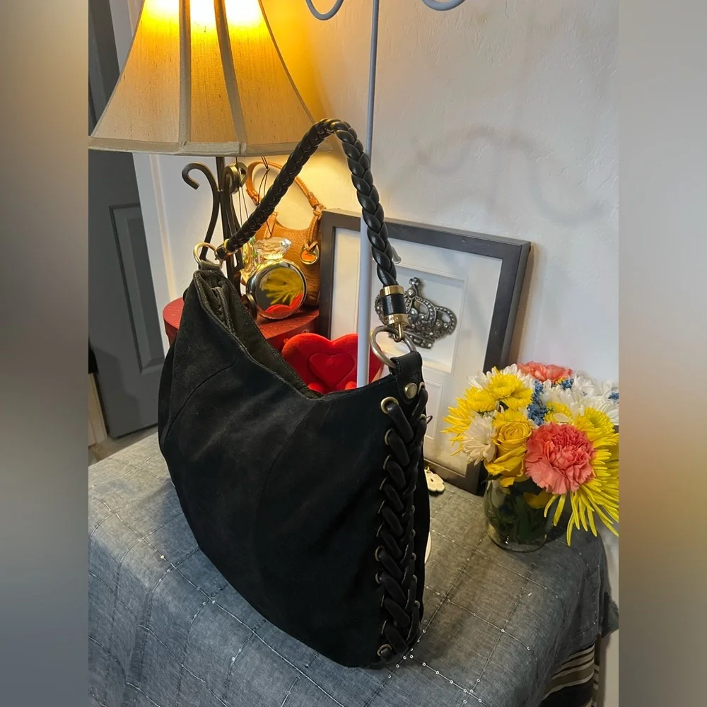 Tahari Black Suede & Braided Braided Leather Shoulder Bag